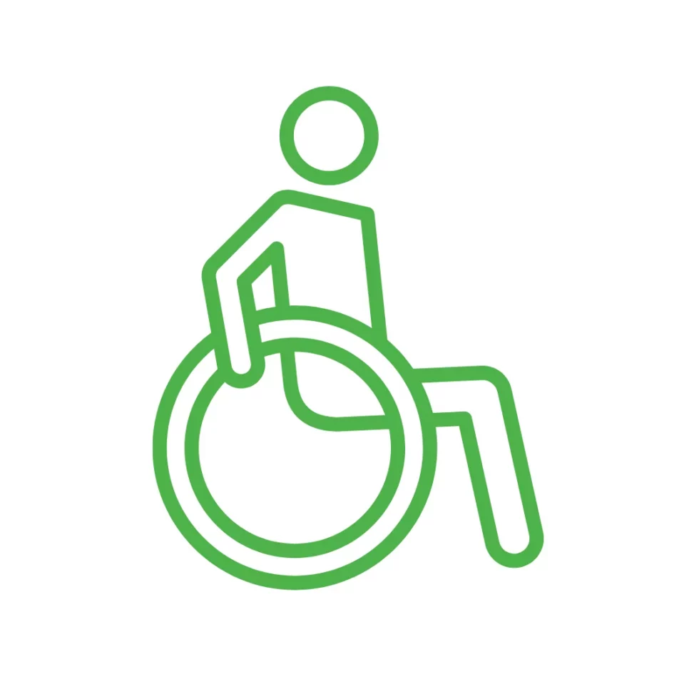 Ein grüm-weißes Icon, das einen stilisierten Rollstuhlfahrer zeigt.